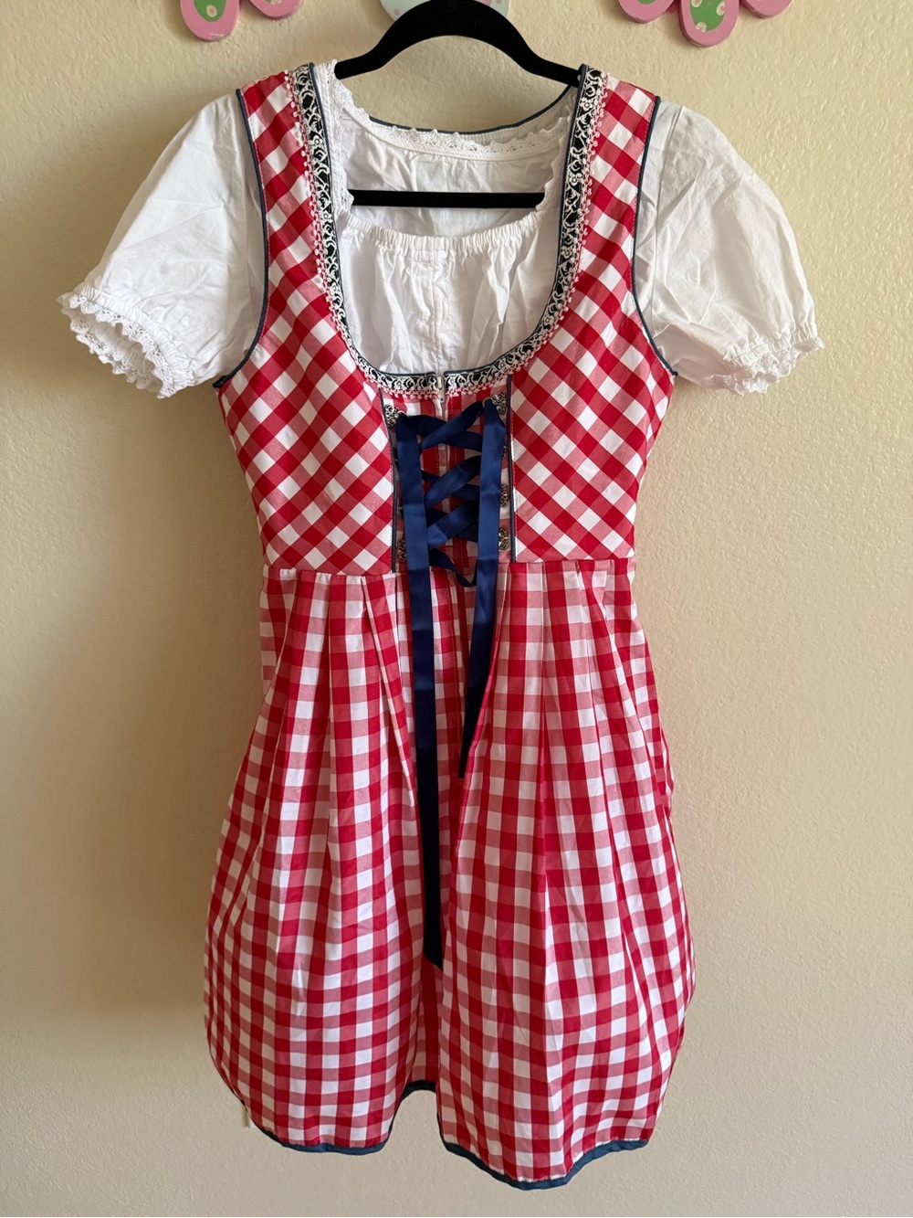 Bavarian Oktoberfest Checkered Red Dress Set with Apron Size M